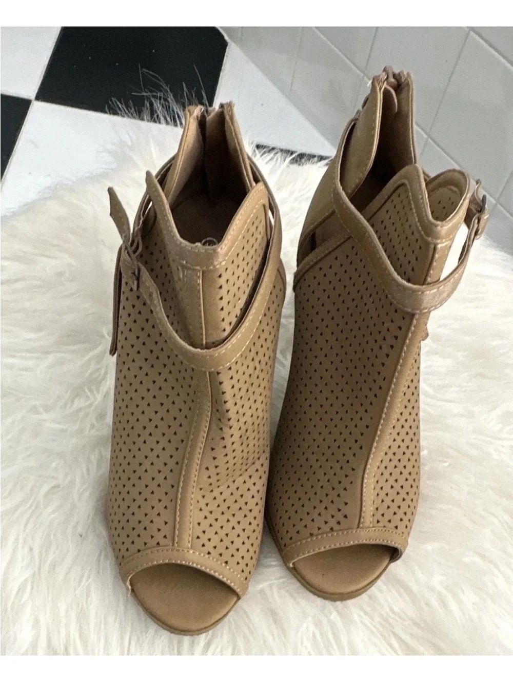 TOP Moda Tan Perforated Peep-Toe Wedge Booties